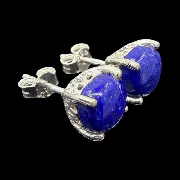 Natural Blue Lapis Cabochon Stud Earrings 925 Sterling Silver Handmade - Picture 4 of 5
